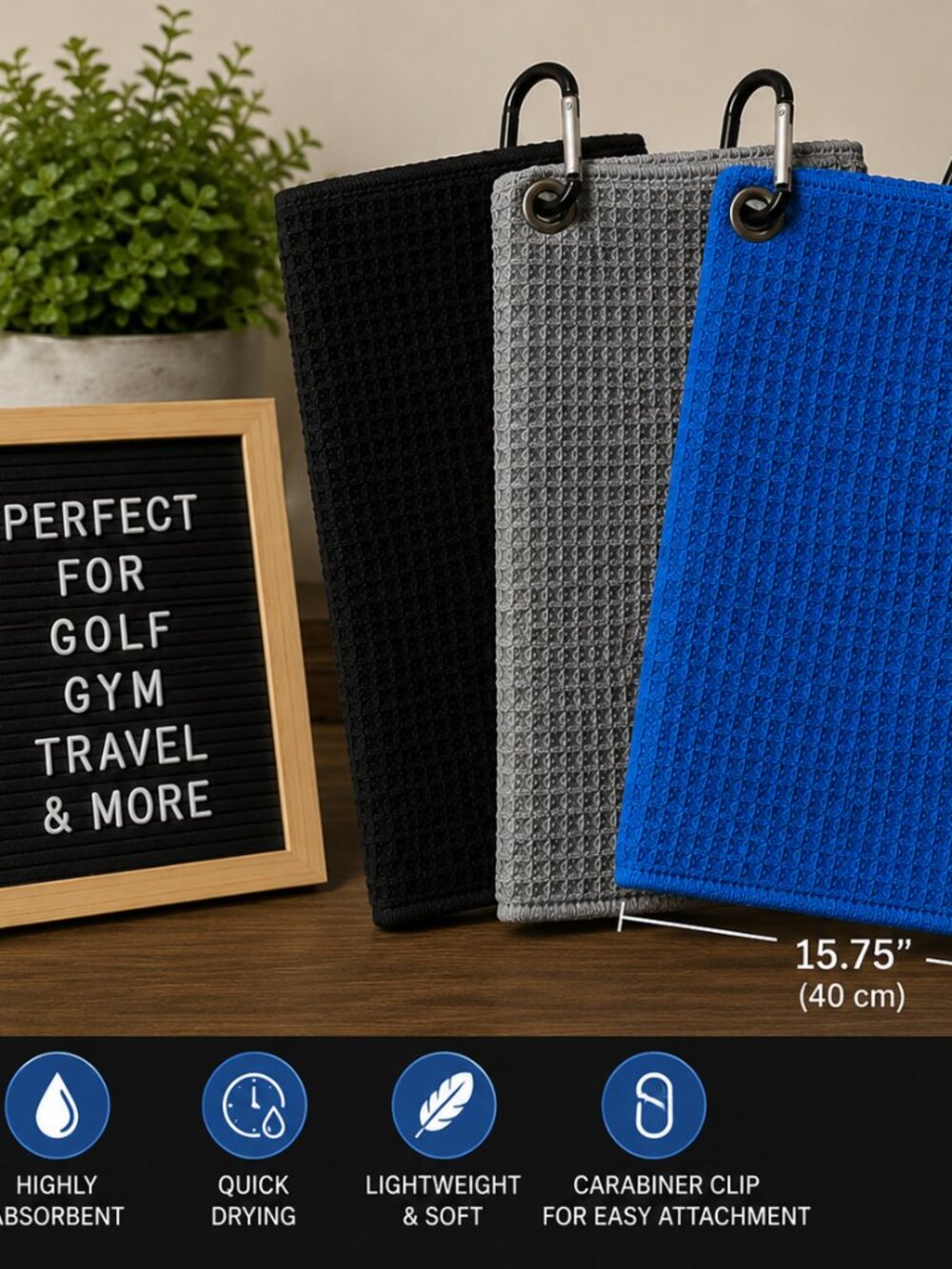 Set of 3 Waffle Weave Golf Towels w/ Carabiner Clips 15.75” x 15.75” NIP